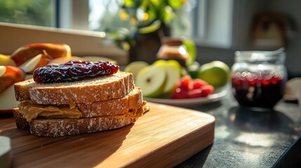 Peanut butter and jelly sandwich on rye bread with apple slices, jams, and fresh fruit on a wooden board in a sunlit kitchen setting.