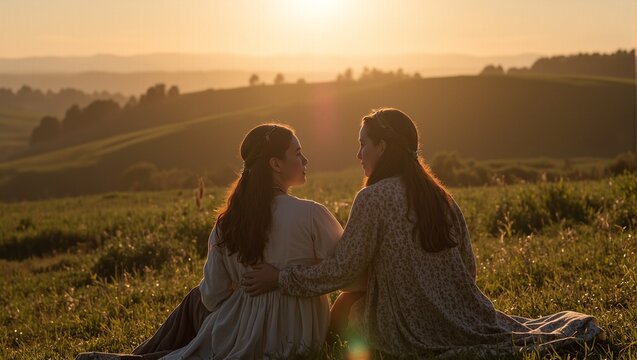 Sisters Leah and Rachel in deep conversation at sunset in Haran