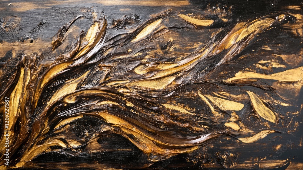 Wall mural abstract composition of gold and brown swirls on textured black background highlighting dynamic move