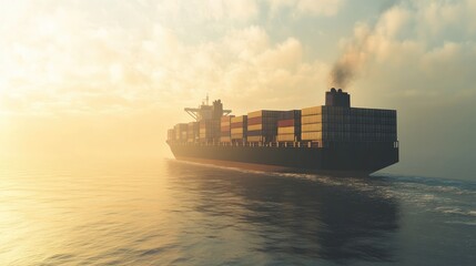 Large cargo ship with colorful shipping containers navigating calm ocean waters during sunset with vibrant orange and yellow hues in the sky