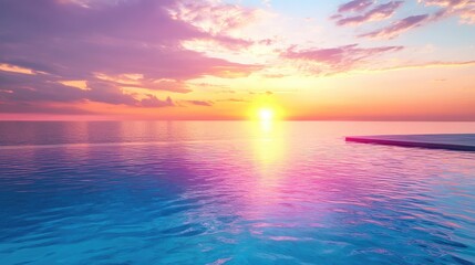 Obraz premium Rooftop Infinity Pool Overlooking Calm Ocean during Vibrant Sunset with Colorful Sky Reflections and Smooth Water Surface