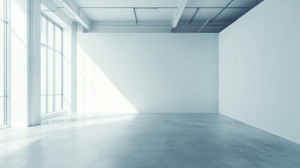 Obraz premium Bright, open minimalist space with empty white walls and large windows, emphasizing natural light and modern design potential.