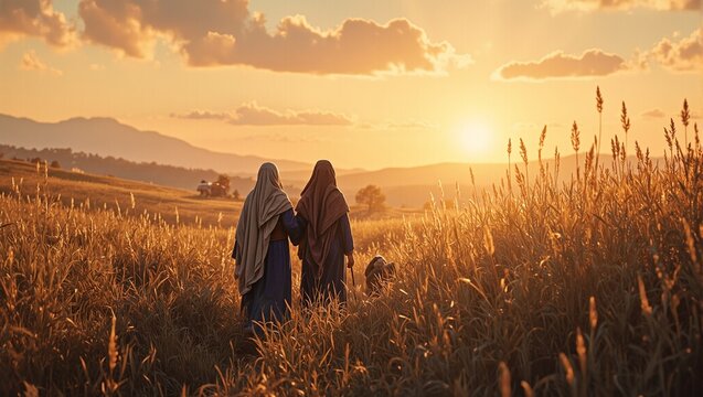 Naomi and Ruth walking in Bethlehem fields at dusk embarking on a new life in Israel