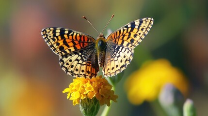 Obraz premium Spotted Fritillary Butterfly Melitaea didyma on Vibrant Yellow Flower in Natural Habitat