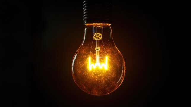 Illuminated vintage light bulb glowing in the dark against black background creating a warm and inviting ambiance