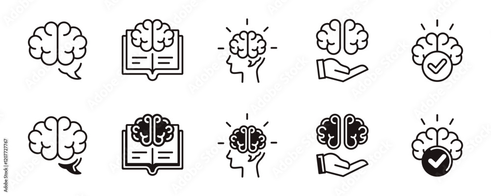 Poster brain thinking icon line set creativity idea mind thinking intelligence cognition signs vector outli