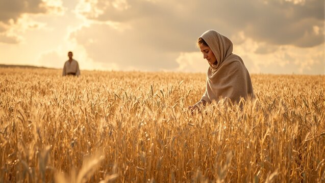 Ruth gleaning in golden wheat field shrouded in shawl observed kindly by Boaz