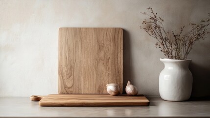 Warm minimalist dining table setup showcasing natural wooden cutting boards with garlic bulbs and a white ceramic vase against soft neutral tones.