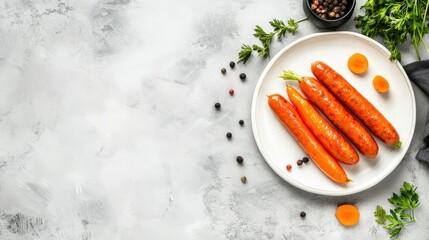 Homemade grilled sausages with vibrant orange carrots and colorful bell peppers on a textured gray table surface, featuring ample copy space for text.