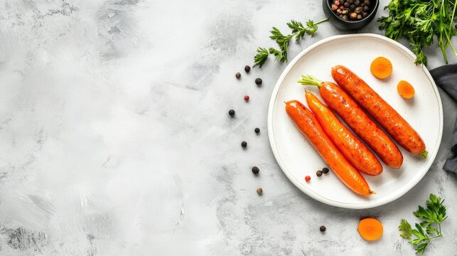 Homemade grilled sausages with vibrant orange carrots and colorful bell peppers on a textured gray table surface, featuring ample copy space for text.