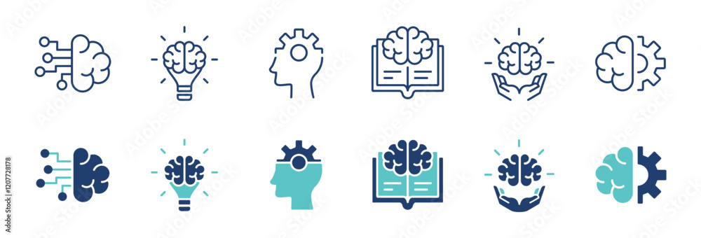 Poster brainstorm cognition icon line set education brain thinking intelligence creative mind genius psycho
