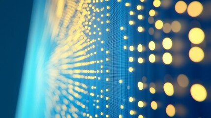 Abstract digital background with yellow circular lights against a blue grid pattern