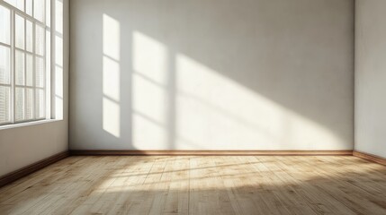 Bright, Unfurnished Room with Wooden Floor and Large Windows Casting Shadows on Plain Walls