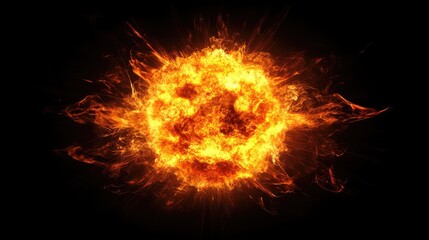 Intense orange and yellow fireball explosion with smoky tendrils against a black background, capturing dynamic energy and movement.