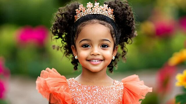 A young Black girl wearing a sparkling princess dress and crown smiles in a garden, ideal for themes like childhood joy and celebrations such as birthdays