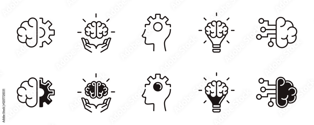 Poster brainstorm icon line set cognition brain thinking creative idea intelligence signs vector outline illustration for web and app