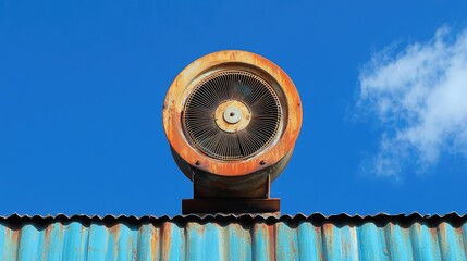 Naklejka premium Industrial rooftop air conditioner fan with weathered metal design against a clear blue sky showcasing industrial architecture and functionality.
