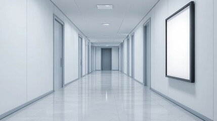 Fototapeta premium Minimalist hallway interior featuring a sleek white and grey color scheme with a blank poster frame on the wall, modern design elements, and polished floors.