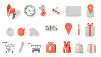 Set of 3d realistic shopping vector icons isolated on white background. Wallet, discount, pointer, cart, basket, pos, piggy, money. Generative AI