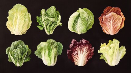Lettuce Varieties Showcase Different Types and Colors on Dark Background for Culinary and Gardening Inspiration