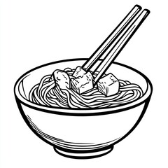 Line drawing of noodles with tofu in a bowl, with chopsticks, for illustration or culinary use