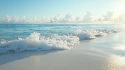 Obraz premium A serene background of gentle ocean waves with clear blue water and soft white foam under natural daylight. --ar 16:9 --v 6.1 Job ID: 92602d9f-7ed4-4b3c-889e-74d03ab31ae2