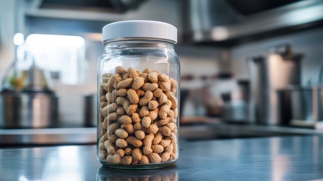 Large glass jar filled with raw peanuts on kitchen countertop, with stainless steel pots and pans in the commercial kitchen background, bright daylight.