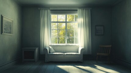 Serene Room with White Sofa and Large Window Overlooking Nature in Soft Natural Light, Featuring Minimalist Decor and Warm Wood Accents