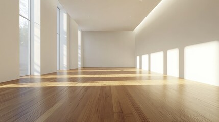 Fototapeta premium Minimalist design of empty modern living room with wooden flooring and ample natural light creating a serene and spacious atmosphere
