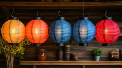 Fototapeta premium Vibrant Hanging Paper Lanterns illuminating a rustic setting