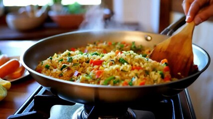 Prepare pilaf in a large frying pan. A dish of rice and pieces of vegetables. Steam comes from a hot lunch. Home kitchen. Pilaf is stirred with a wooden spatula.