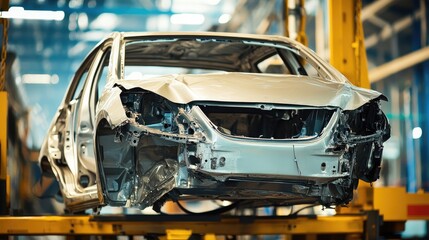 Obraz premium Detailed vehicle crash test demonstration in a bright industrial facility showcasing a damaged silver car frame on testing equipment for safety evaluations