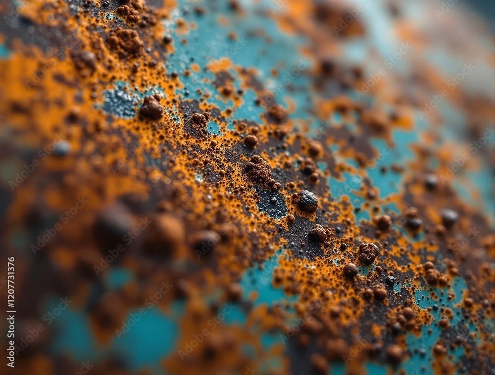 Poster a close-up view of a surface covered in rust, with various shades of orange and brown rust spots dispersed throughout.