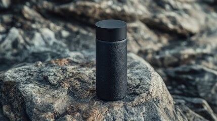 Obraz premium Matte black titanium vacuum flask on rugged stone surface highlighting durability and suitability for outdoor adventures
