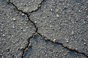 Obraz premium Asphalt surface with a mixture of small and large cracks and some exposed aggregate, highway surface, pothole damage, exposed aggregates, rock fragments