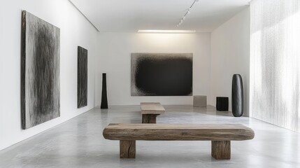 Modern minimalist interior with wood furnishings and abstract wall art in a bright, spacious gallery-like setting.