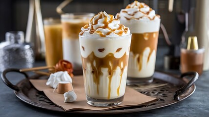 Cold brew coffee in a glass tumbler with ice cubes, garnished with mint leaves and served on a marble tray