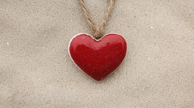 Glossy red heart pendant hanging on a sandy beach background