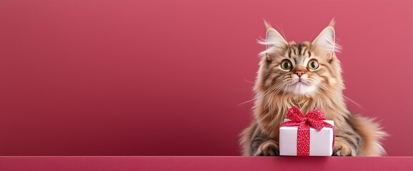 Maine Coon cat with Valentine gifts, horizontal, suitable for pet shop promotions, veterinary services, Valentine's Day campaigns and animal care content