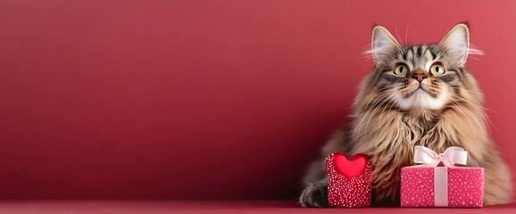 Maine Coon cat with Valentine gifts, horizontal, suitable for pet shop promotions, veterinary services, Valentine's Day campaigns and animal care content