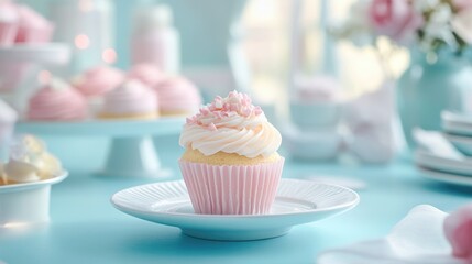 Elegant Pink Cupcakes for a Luxury Bachelorette Party with Charming Decor on a Soft Blue Table Setting