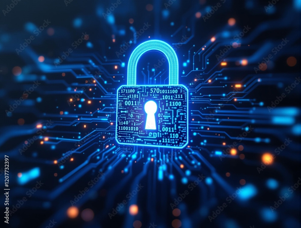 Poster a digital illustration of a glowing padlock with keyhole against a blue background. the padlock is s