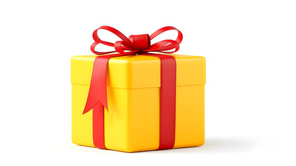 Fototapeta premium Simple cute kawaii yellow gift box wrapped with red bow and ribbon for a cozy Christmas. Concept art colorful holiday present for thanksgiving, fall, 3d render isolated white backdrop. Generative AI