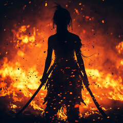 A woman wearing torn off clothing is holding a sword, epic battle scene with fire and falling ash. Back view
