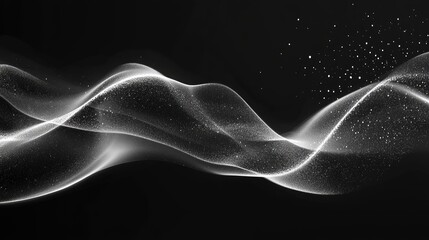 Elegant Black and White Minimalist Abstract Background Featuring Flowing Waves and Subtle Dust Particles for Creative Design Projects