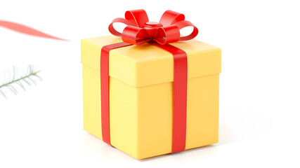 Fototapeta premium Simple cute kawaii yellow gift box wrapped with red bow and ribbon for a cozy Christmas. Concept art colorful holiday present for thanksgiving, fall, 3d render isolated white backdrop. Generative AI