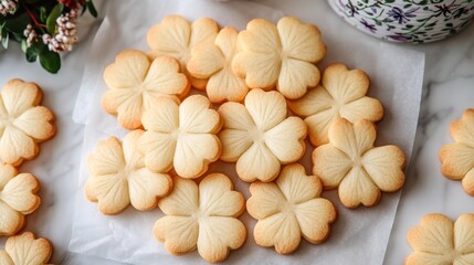 Delicious flower-shaped cookies arranged neatly on parchment paper after baking in a cozy kitchen