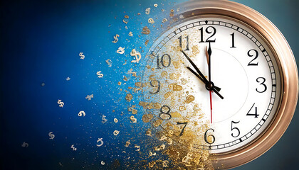 Abstract clock face dissolving into dollar signs, symbolizing the fleeting nature of time and money. Ideal for finance, business, investment, and time management concepts.