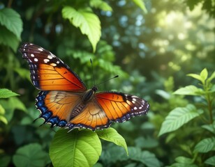 Obraz premium Beautiful butterfly resting on green leaves in a lush garden setting, insect, environment, foliage