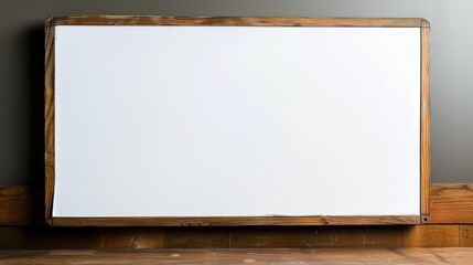A blank whiteboard leans against a gray wall, mounted on a wooden easel. The white surface is clean, offering a space for writing or drawing..